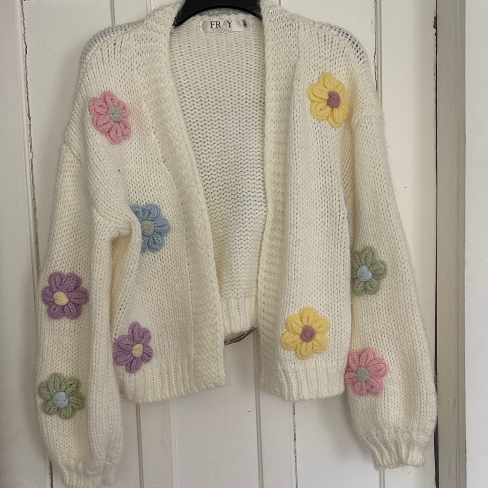 Frye Cream Knit Cardigan with Pastel Floral Appliqués